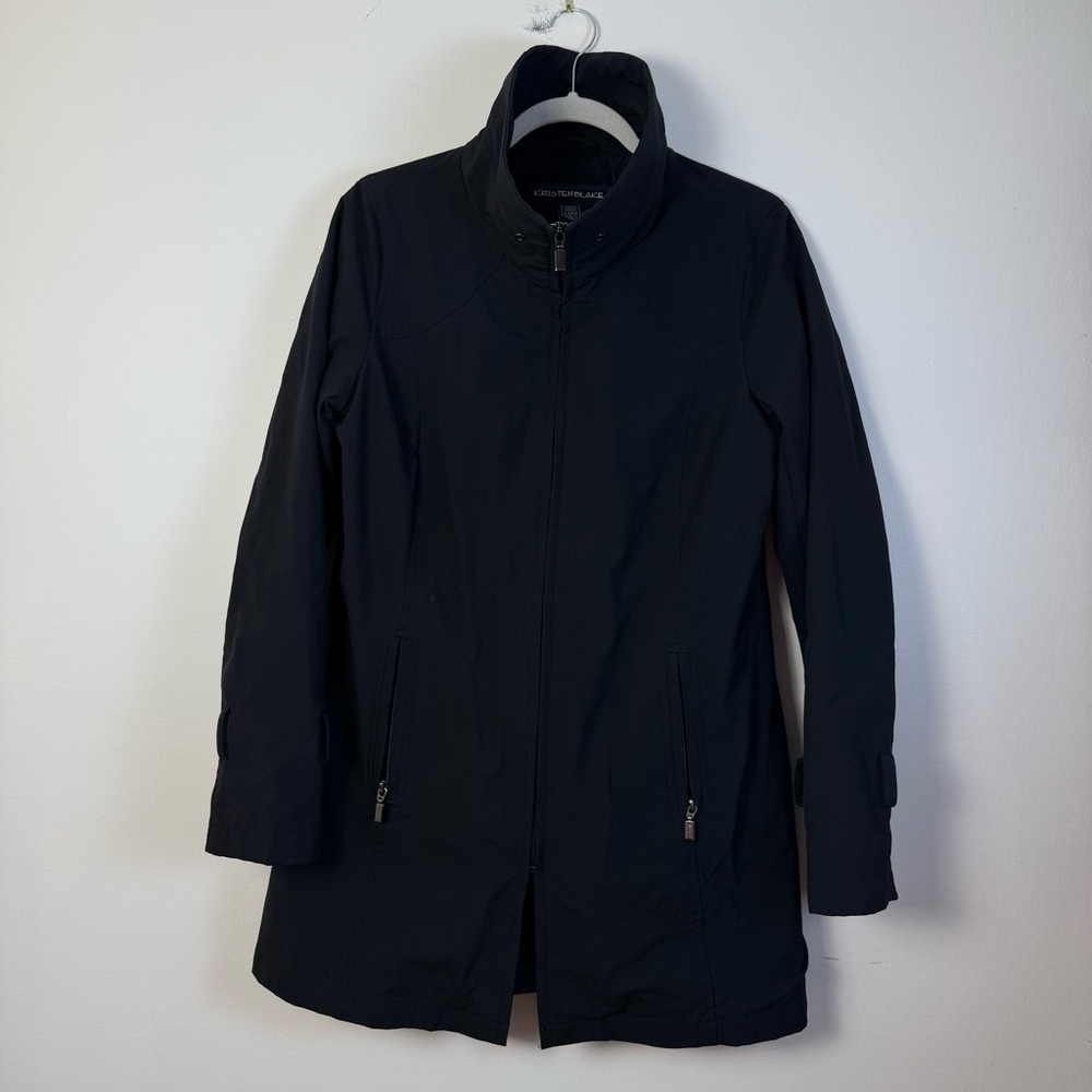 Kristen Blake Womens Black Trench Coat Zip Pockets Lined Medium High Collar Chic